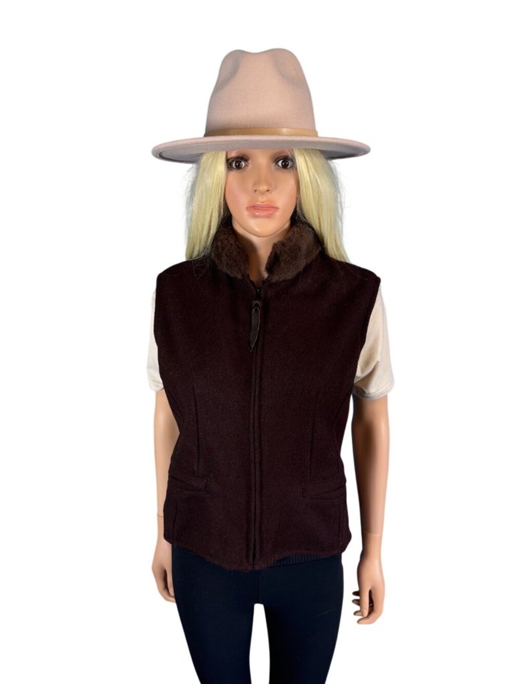 Schaefer Outfitter USA W’s M Wool Vest Fur Collar Western Ranch Lined Brown #925